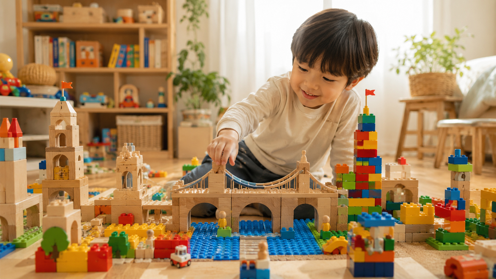木製積み木と組み立てブロックで子どもが塔、橋、街を作っている知育玩具のイメージ