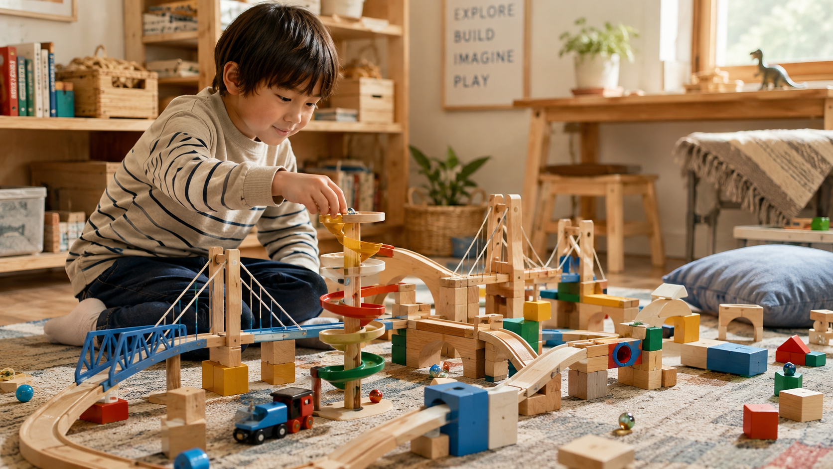 小学校低学年の子どもがブロック、橋、ビー玉転がし、レールを使って構造を考えながら組み立てているイメージ