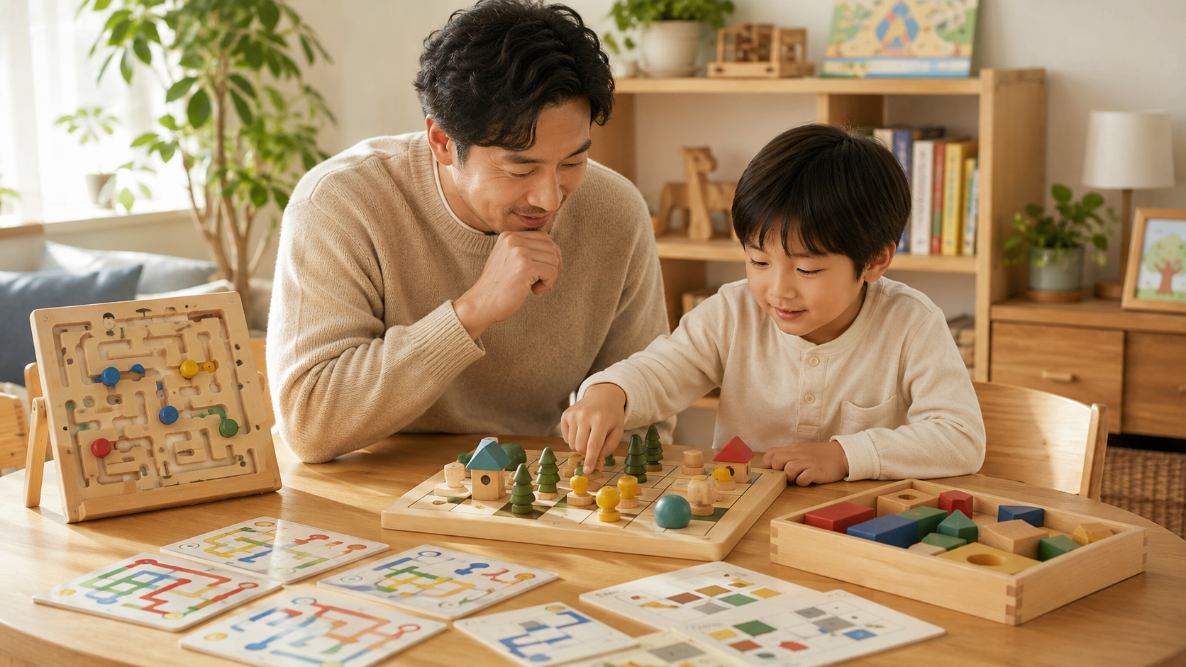 親子がパズル、迷路カード、条件カード、ボードゲームを使って論理ゲームをしているテーブル