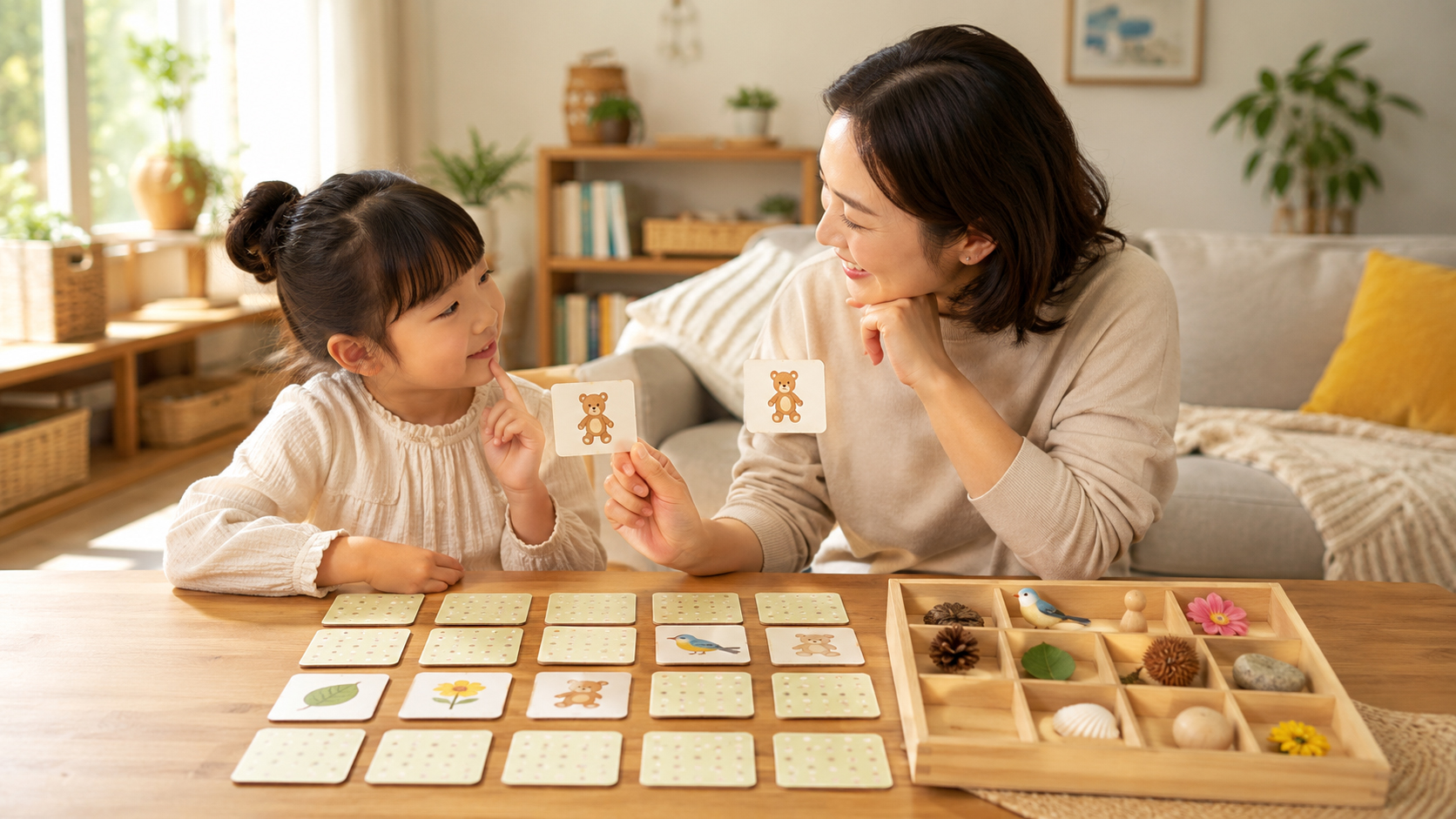 親子がテーブルで絵合わせカード、小物トレー、記憶ゲームを楽しんでいる知育玩具のイメージ