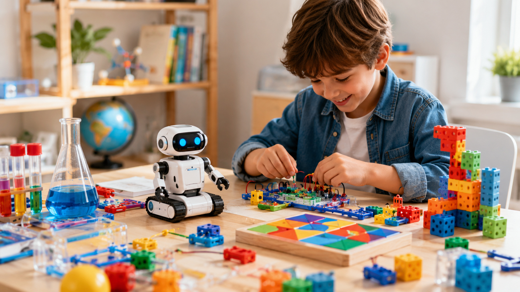科学キット、ロボット、回路、ブロック、算数カードを使って子どもがSTEM遊びをしている作業テーブル