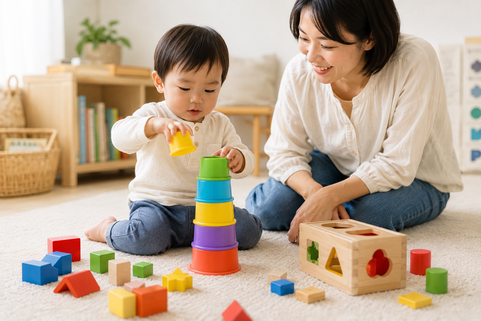 1〜3歳の子どもが積み木、重ねカップ、形合わせ、箱を使って入れる・出す・積む遊びをしている親子の床遊び